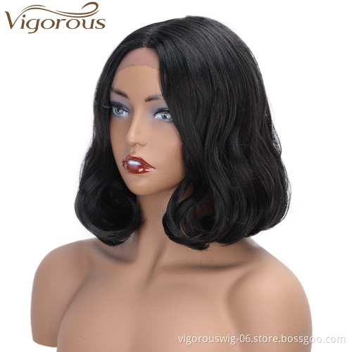 Body Wave Lace Front Black Short Bob Wig For Women Middle Part Synthetic Heat Resistant High Temperature Hair Wigs